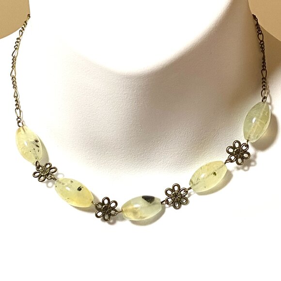 Natural Green Prehnite Necklace, Genuine Gemstones & Bronze Flower Chain - Picture 3 of 12